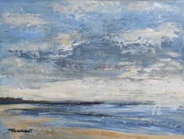 Painting titled "Plage à Trouville" by Sophie Dumont, Original Artwork, Oil Mounted on Wood Stretcher frame
