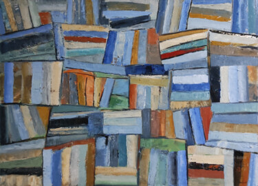 Painting titled "books patchwork" by Sophie Dumont, Original Artwork, Oil Mounted on Wood Stretcher frame