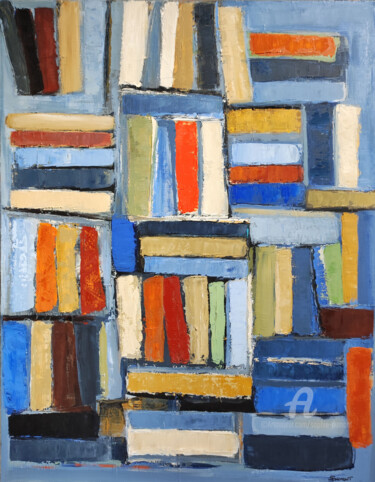 Painting titled "Library 2" by Sophie Dumont, Original Artwork, Oil Mounted on Wood Stretcher frame