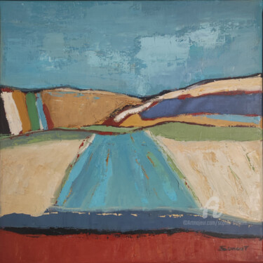 Painting titled "Blue landscape" by Sophie Dumont, Original Artwork, Oil Mounted on Wood Stretcher frame