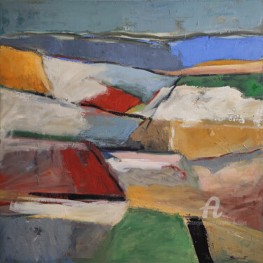 Painting titled "Campagne abstraite" by Sophie Dumont, Original Artwork, Oil Mounted on Wood Stretcher frame