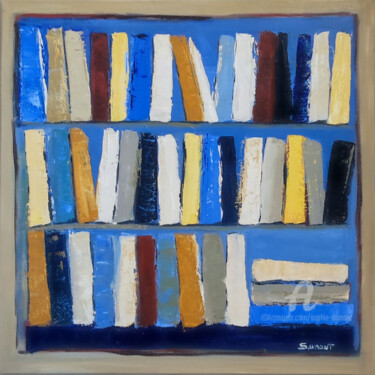 Painting titled "Blue library" by Sophie Dumont, Original Artwork, Oil Mounted on Wood Stretcher frame