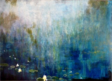 Peinture intitulée ""Les Reflets Bleus"" par Sophie Duplain, Œuvre d'art originale, Huile Monté sur Châssis en bois