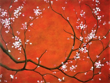 Painting titled ""Crépuscule Sakura"" by Sophie Duplain, Original Artwork, Acrylic Mounted on Wood Stretcher frame