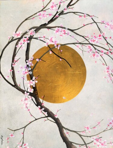 Painting titled ""Sakura et le Disqu…" by Sophie Duplain, Original Artwork, Acrylic Mounted on Wood Stretcher frame