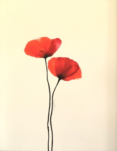 Рисунок под названием ""Fleurs Rouges 1"" - Sophie Duplain, Подлинное произведение искусства, Акрил Установлен на Деревянная…