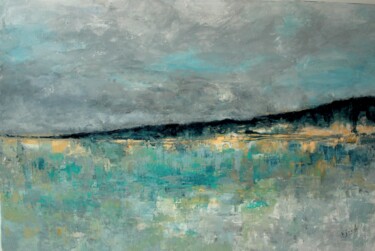 Painting titled "Le lac" by Sophie Gaiardo, Original Artwork, Oil Mounted on Wood Stretcher frame