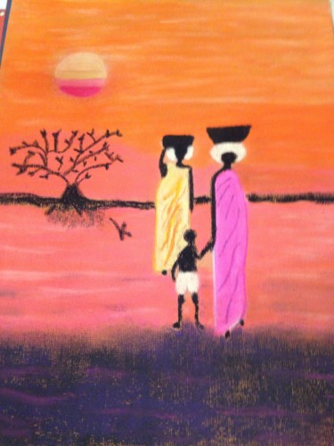 Drawing titled "Scène d'Afrique" by Sophie Juin, Original Artwork, Pastel