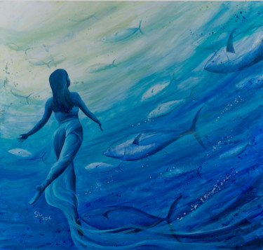 Painting titled "Femme poisson" by Sophie Loizeau, Original Artwork, Oil Mounted on Wood Stretcher frame