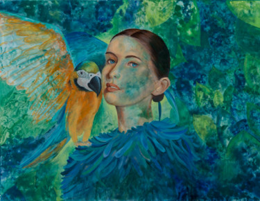 Peinture intitulée "Un perroquet sur l'…" par Sophie Loizeau, Œuvre d'art originale, Huile Monté sur Châssis en bois