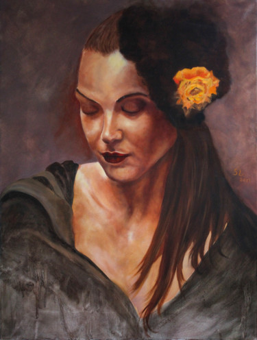 Painting titled "Madone à la rose or…" by Sophie Loizeau, Original Artwork, Oil Mounted on Wood Stretcher frame