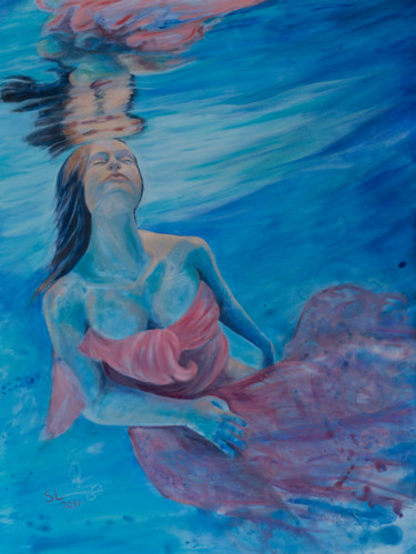 Painting titled "Sous l'eau" by Sophie Loizeau, Original Artwork, Oil Mounted on Wood Stretcher frame