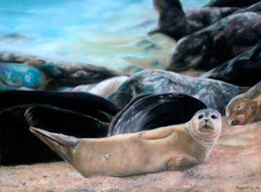 Malerei mit dem Titel "Horsey Gap Seals" von Sophie Louise Parkhill, Original-Kunstwerk, Pastell