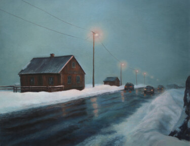 Painting titled "Winter Twilight" by Sophie Marts, Original Artwork, Pastel Mounted on Wood Stretcher frame
