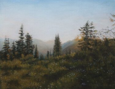 Painting titled "Morning in the Moun…" by Sophie Marts, Original Artwork, Pastel Mounted on Wood Stretcher frame