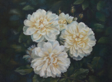 Painting titled "White Peonies" by Sophie Marts, Original Artwork, Pastel Mounted on Wood Stretcher frame