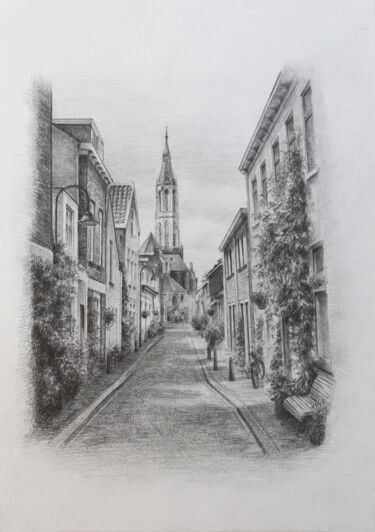Drawing titled "Quiet Street" by Sophie Marts, Original Artwork, Pencil