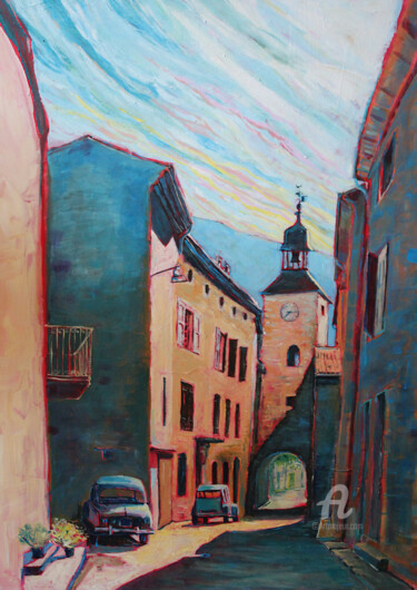 Painting titled "Beffroi, Chatillon…" by Sophie Mathieu, Original Artwork, Acrylic Mounted on Wood Stretcher frame