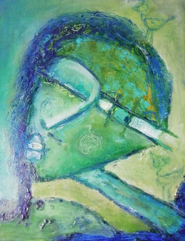 Painting titled "Visage vert aux ois…" by Sophie Maugin, Original Artwork, Acrylic Mounted on Wood Stretcher frame