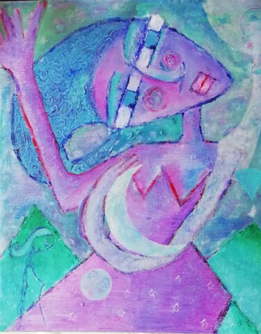 Painting titled "Berceuse à la Lune" by Sophie Maugin, Original Artwork, Acrylic Mounted on Wood Stretcher frame