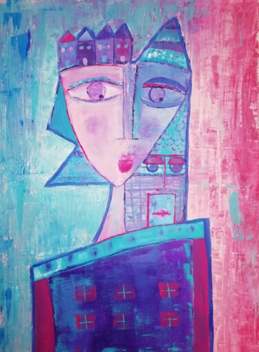 Painting titled "La femme ville" by Sophie Maugin, Original Artwork, Acrylic Mounted on Wood Stretcher frame