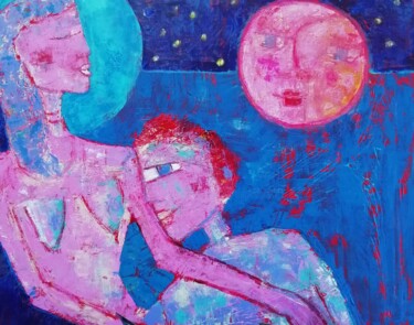 Painting titled "Couple au clair de…" by Sophie Maugin, Original Artwork, Acrylic Mounted on Wood Stretcher frame