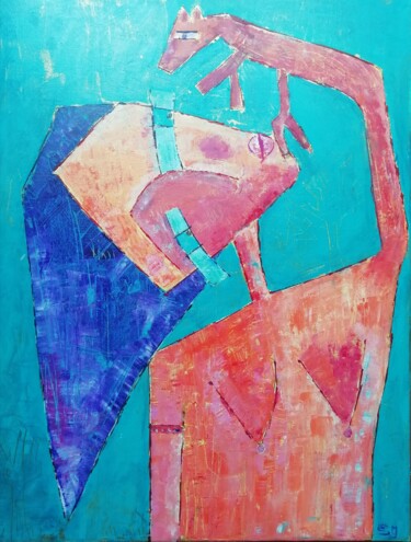 Painting titled "Femme orange au che…" by Sophie Maugin, Original Artwork, Acrylic Mounted on Wood Stretcher frame