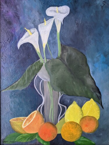 Картина под названием "Les trois arums" - Sophie Morel-Segret, Подлинное произведение искусства, Масло Установлен на Деревян…