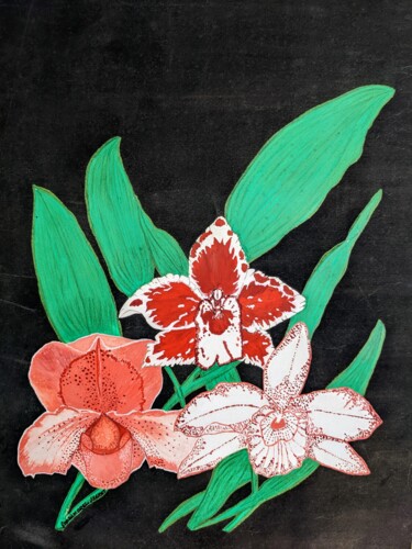 Malarstwo zatytułowany „Les trois orchidées” autorstwa Sophie Morel-Segret, Oryginalna praca, Gwasz