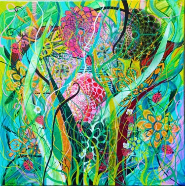 "Abstraction florale" başlıklı Tablo Sophie Nigen tarafından, Orijinal sanat, Akrilik Ahşap Sedye çerçevesi üzerine monte ed…