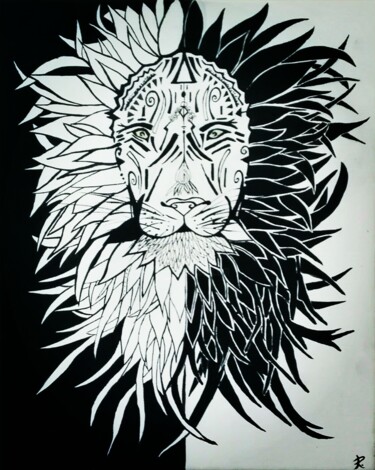 Painting titled "Lion Tribal" by Sophie Renault, Original Artwork, Acrylic