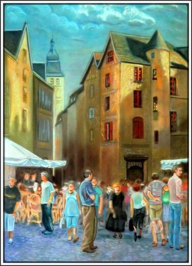 Desenho intitulada "Le marché de Sarlat" por Sophie Tellier, Obras de arte originais, Pastel