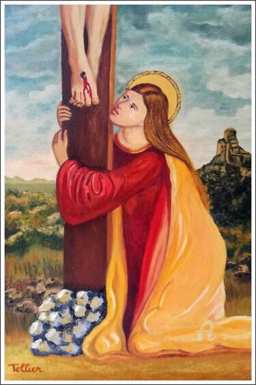 Картина под названием "Crucifixion (détail…" - Sophie Tellier, Подлинное произведение искусства, Масло Установлен на картон