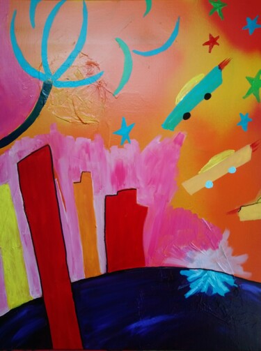 Painting titled "Souffle à Miami" by Sophie Thiry, Original Artwork, Acrylic Mounted on Wood Stretcher frame