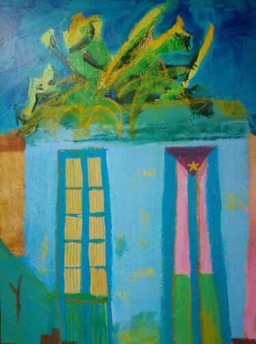 Schilderij getiteld "Porte Caraïbes" door Sophie Thiry, Origineel Kunstwerk, Acryl Gemonteerd op Frame voor houten brancard