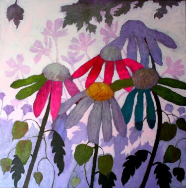 Painting titled "Pink Marguerites" by Sophie Barthélémy, Original Artwork, Acrylic Mounted on Wood Stretcher frame
