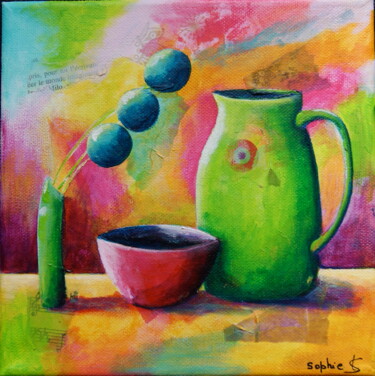 Painting titled "le pot vert" by Sophie Brohan, Original Artwork, Acrylic Mounted on Wood Stretcher frame