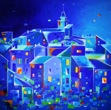 Painting titled "Village de nuit" by Sophie Cantou, Original Artwork, Acrylic