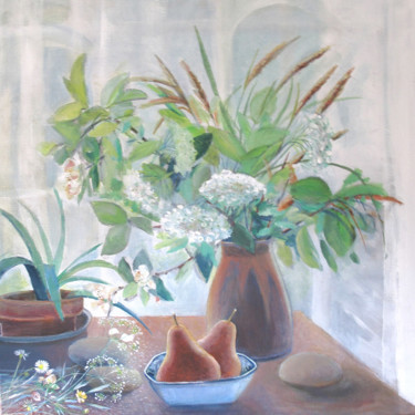 Painting titled "fleurs et poires" by Sophie Dressler, Original Artwork, Acrylic