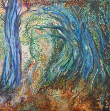 Malarstwo zatytułowany „Forêt bleue” autorstwa Sophie Maillard (Sophie Mai), Oryginalna praca, Olej Zamontowany na Drewniana…