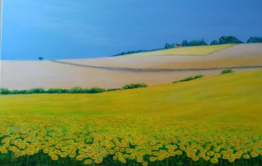 Painting titled "Eté tournesols" by Thérèse Soriano, Original Artwork, Acrylic Mounted on Wood Stretcher frame