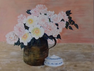 Painting titled "Roses en beauté" by Thérèse Soriano, Original Artwork, Acrylic Mounted on Wood Stretcher frame