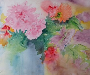 Painting titled "Dahlias" by Thérèse Soriano, Original Artwork, Watercolor Mounted on Wood Stretcher frame