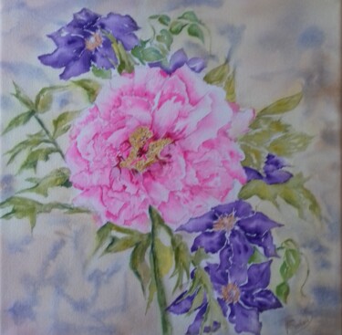Painting titled "Pivoine arbustive e…" by Thérèse Soriano, Original Artwork, Watercolor Mounted on Wood Stretcher frame