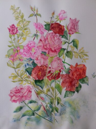 Painting titled "Roses de mon jardin" by Thérèse Soriano, Original Artwork, Watercolor