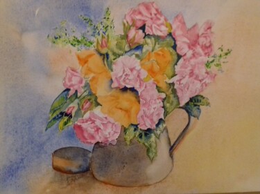 Painting titled "Roses de printemps" by Thérèse Soriano, Original Artwork, Watercolor