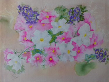 Painting titled "Cosmos et asters" by Thérèse Soriano, Original Artwork, Watercolor