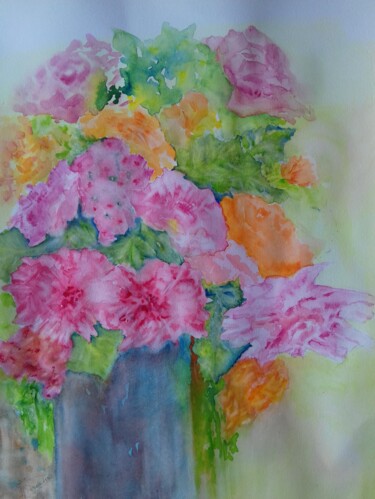 Painting titled "Dahlias 3" by Thérèse Soriano, Original Artwork, Watercolor
