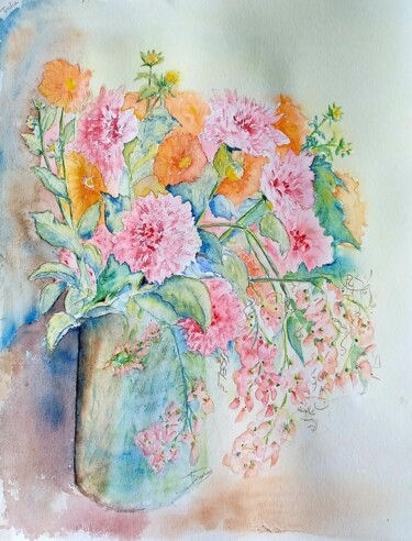 Malerei mit dem Titel "Bouquet de dahlias…" von Thérèse Soriano, Original-Kunstwerk, Aquarell