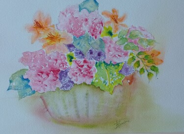 Painting titled "Corbeille de fleurs" by Thérèse Soriano, Original Artwork, Watercolor